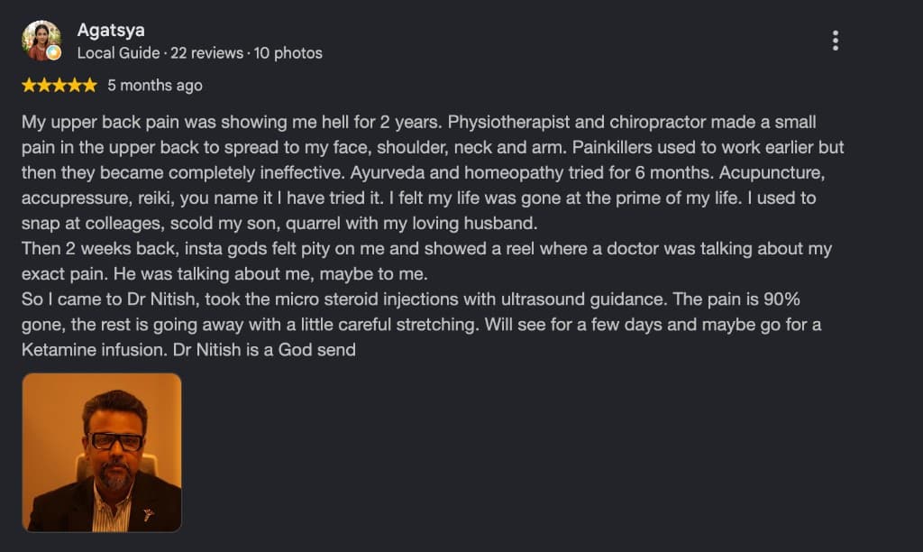 Google review by Agatsya, five stars, about upper back pain treated with ultrasound-guided injections.