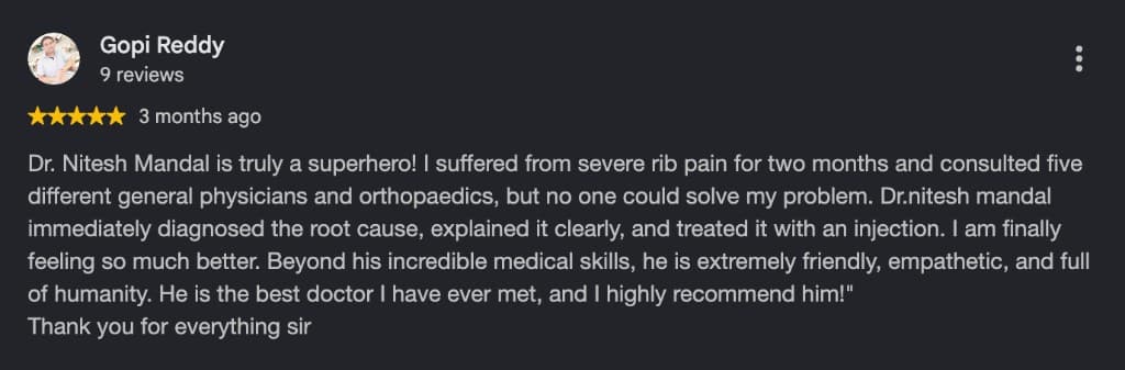 Google review by Gopi Reddy, five stars, about rib pain treated with an injection.