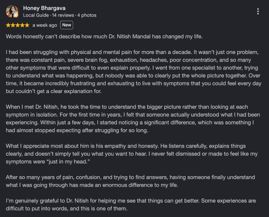 Google review by Honey Bhargava, five stars, about long-standing pain, brain fog, and feeling understood.