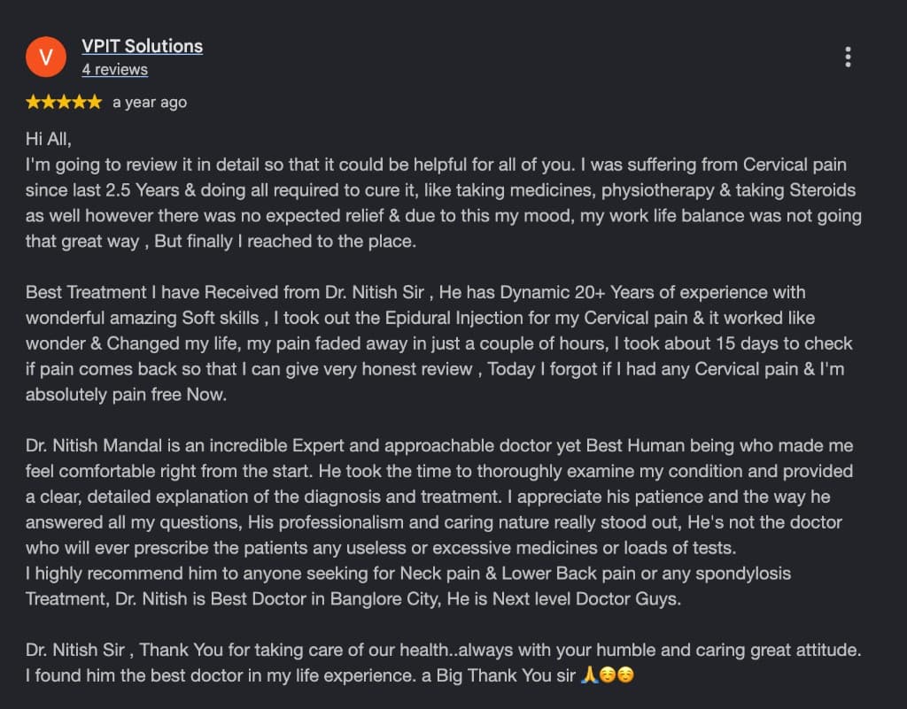 Google review by VPIT Solutions, five stars, about cervical pain treated with an epidural injection.