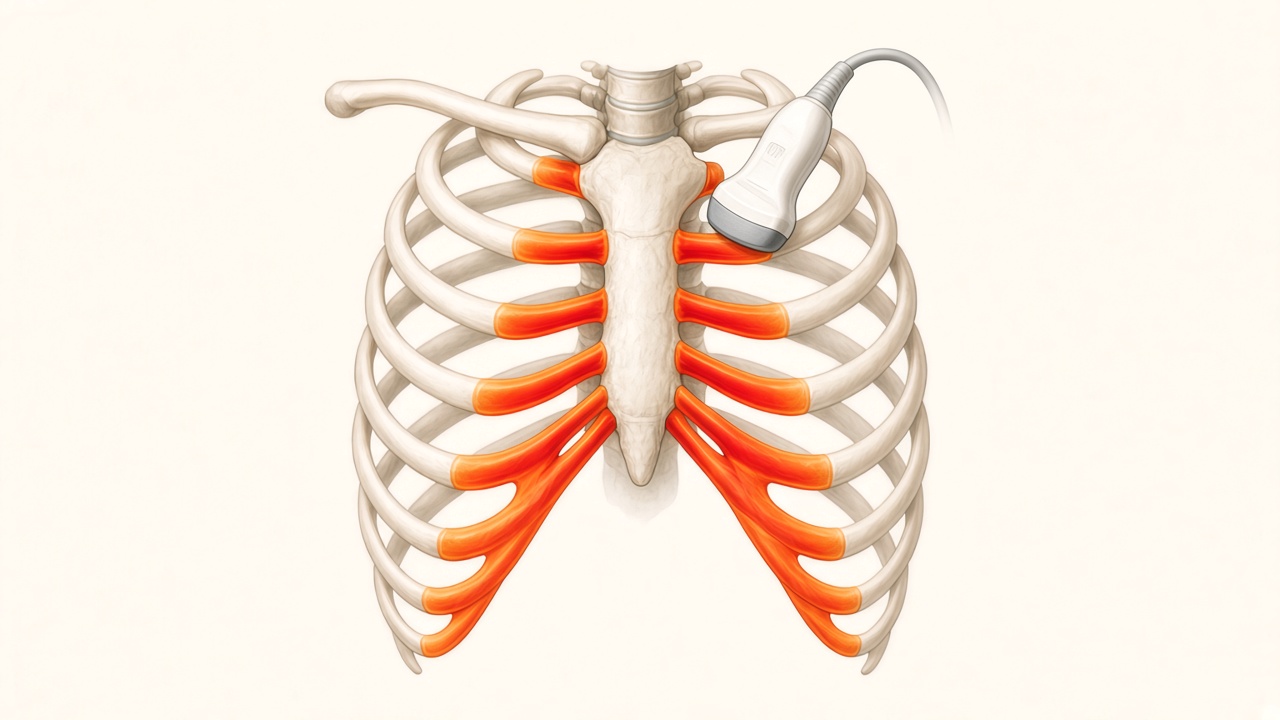 Ultrasound probe over the chest wall