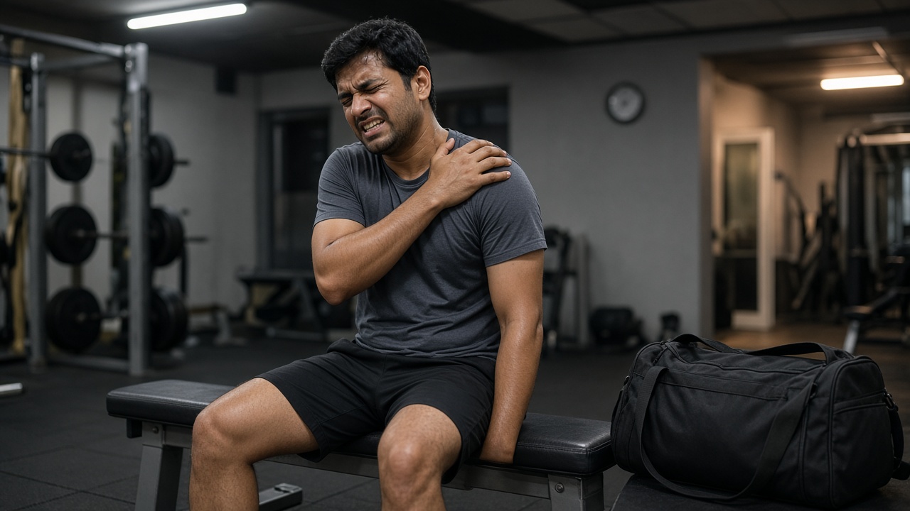 Man sitting after sport, holding a painful shoulder